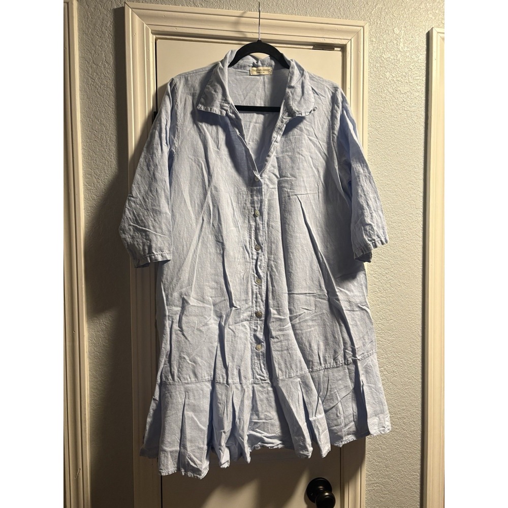 Terzo Millennio‎ Italy Linen Dress Pleated Skirt Button Down Large Blue Coastal